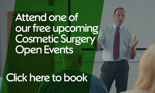 Text overlaid on man giving presentation: attend one of our free upcoming cosmetic surgery open events